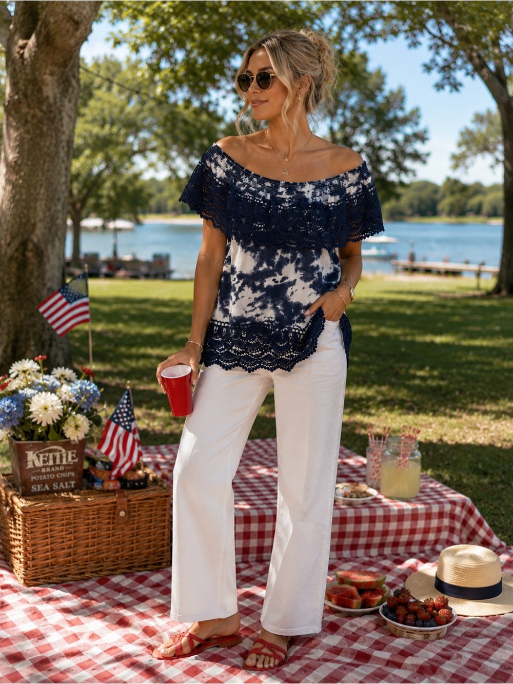 NOBO Navy and White Tie-Dye Off-Shoulder Lace Top